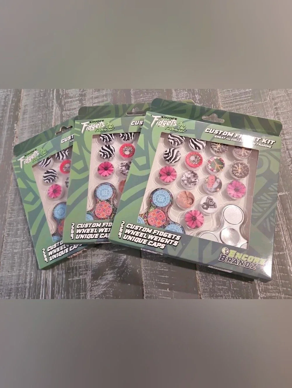 Lot Of 3 Savage Fidgets Encore Brandz Custom Fidget Kits, 6 Spinners